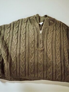 Garage Olive Green Cropped Cable Knit Zip Sweater. Perfect for Casual or Work.